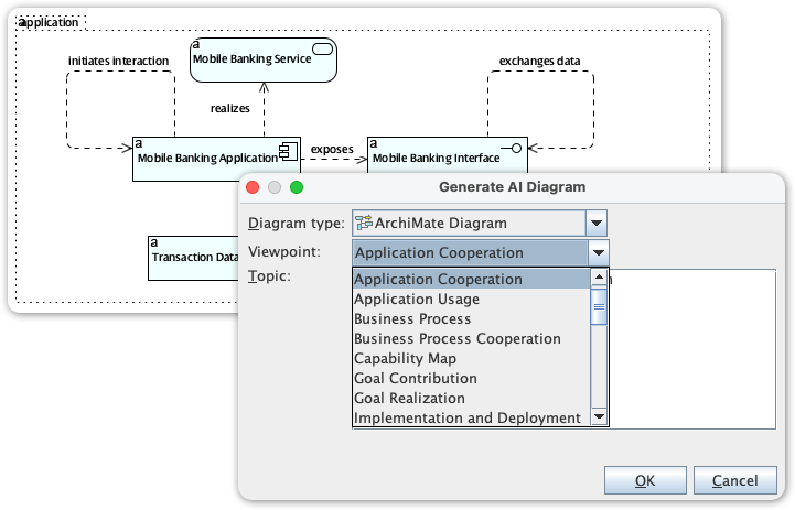 Genere diagramas y puntos de vista ArchiMate instantáneamente con IA
