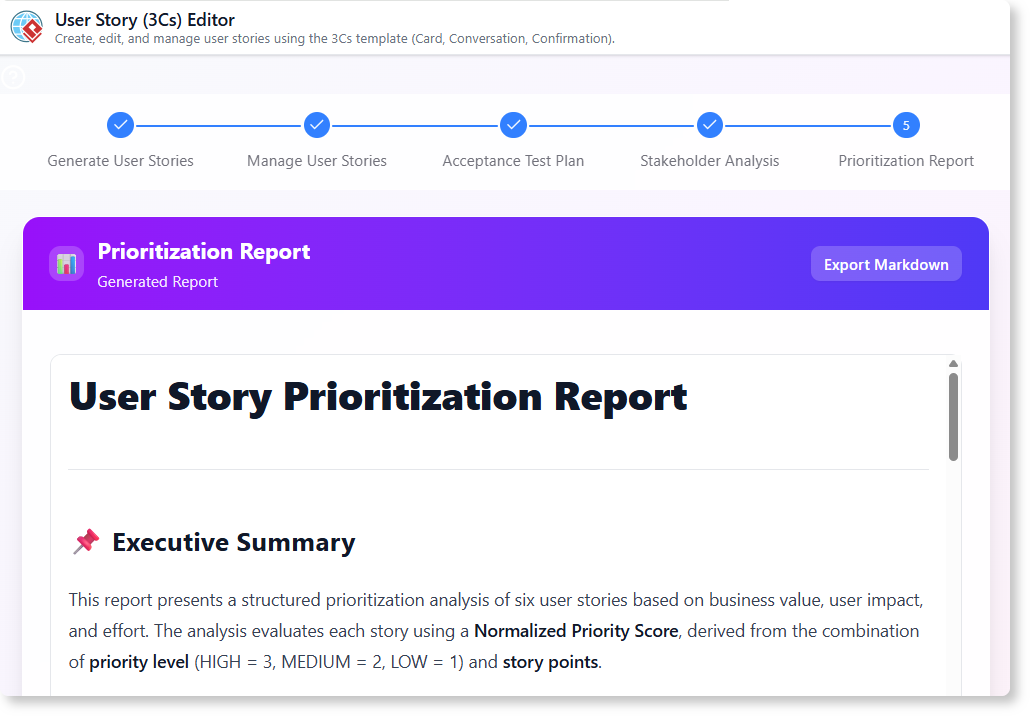 User Story Prioritization Report created with User Story (3Cs) Editor.