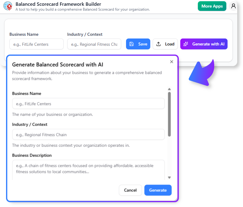 Using the AI to generate the Balanced Scorecard Framework in a few steps.