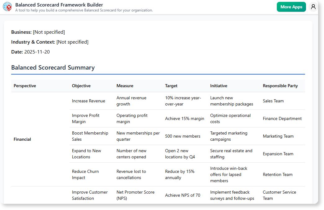 Using the Balanced Scorecard Framework Builder to generate report.