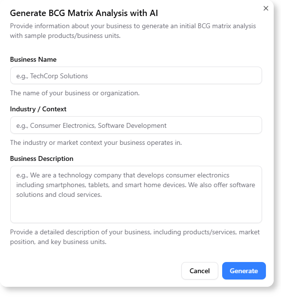 Generate the BCG Matrix with the support of AI, in all the steps and also the final report.