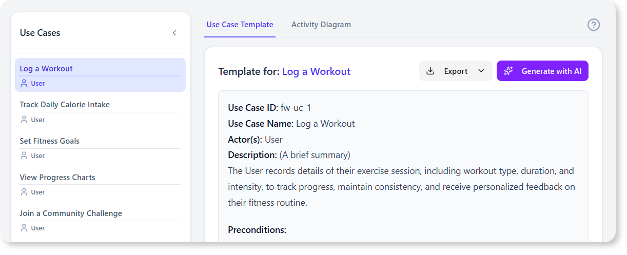 Make us of AI to generate the use case and also the activity diagram during the steps.