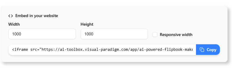 Find the code under share to embed our flipbook in website.