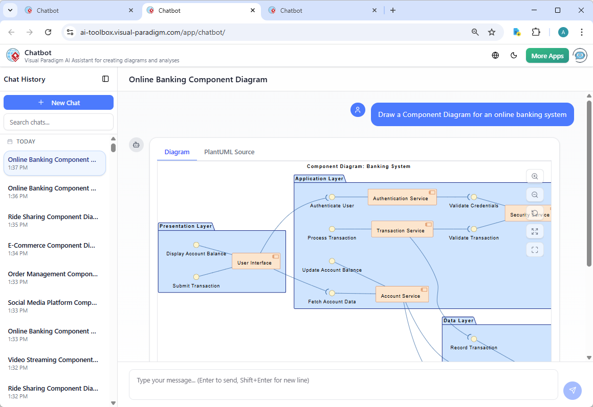 A screenshot of Visual Paradigm's AI Chatbot - Generating a UML Component Diagram for an online banking example