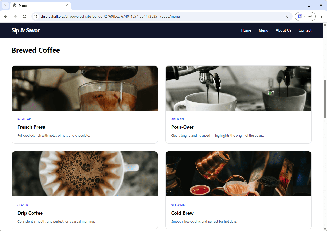 ai-website-generator-coffee-shop-example-screenshot-bewed-coffee Screenshot of the Brewed Coffee Page of a Coffee Shop website generated by AI, using Visual Paradigm's AI-Powered Website Maker