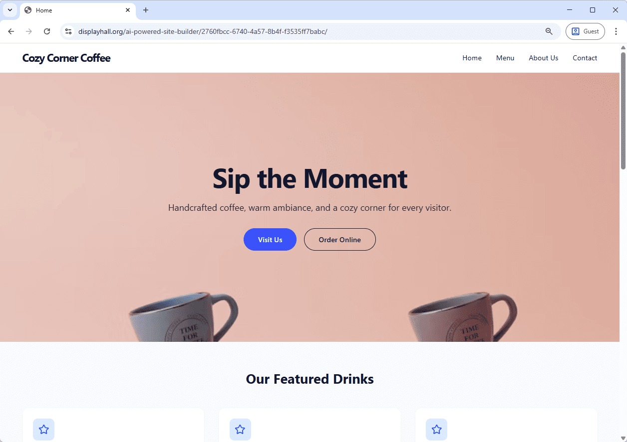 ai-website-generator-coffee-shop-example-screenshot-home-page Screenshot of the Home Page of a Coffee Shop website generated by AI, using Visual Paradigm's AI-Powered Website Maker