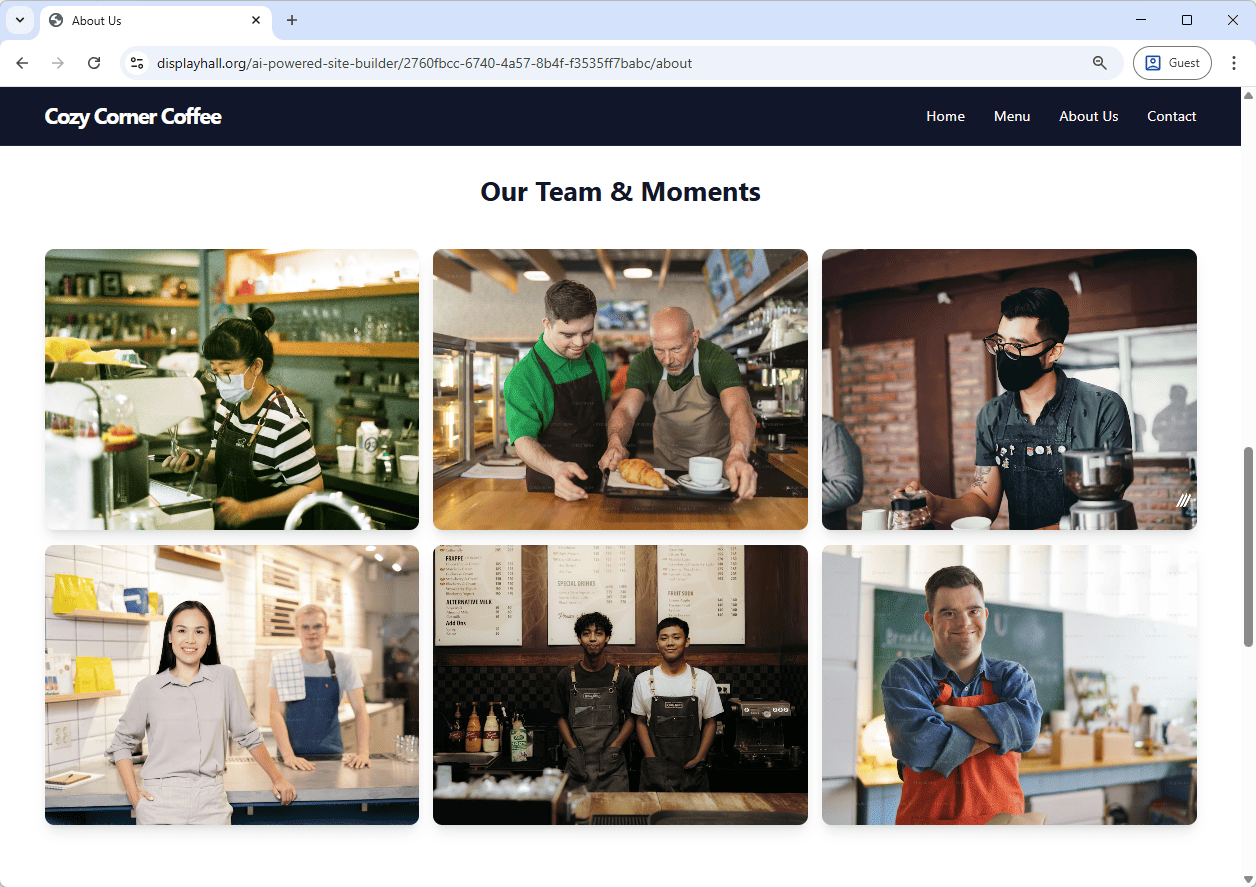 ai-website-generator-coffee-shop-example-screenshot-our-team-page Screenshot of the Our Team Page of a Coffee Shop website generated by AI, using Visual Paradigm's AI-Powered Website Maker