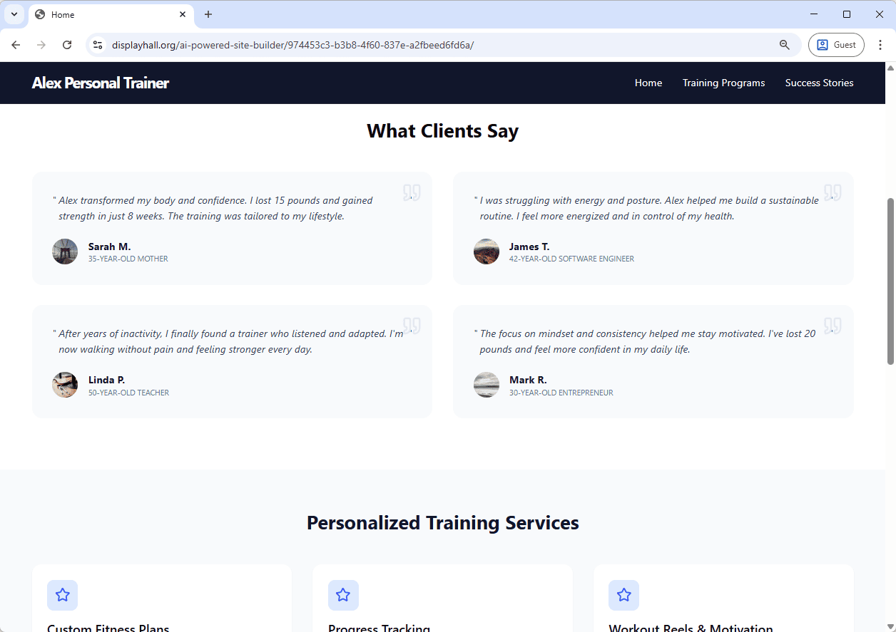 ai-website-generator-fitness-trainer-example-screenshot-testimonial-page Screenshot of the Testimonials Page of a Personal Fitness Trainer Portfolio website generated by AI, using Visual Paradigm's AI Website Builder