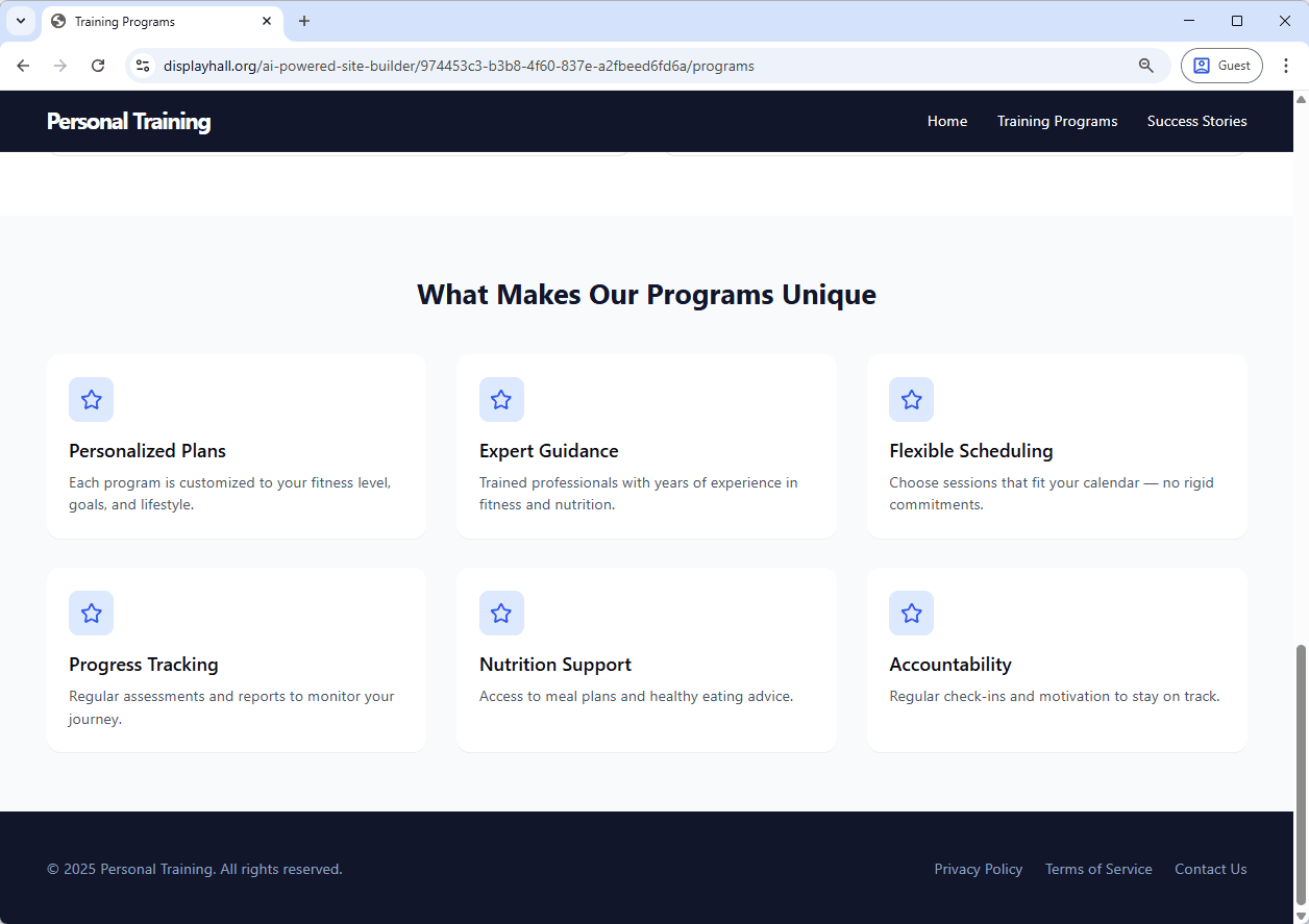 ai-website-generator-fitness-trainer-example-screenshot-unique-features Screenshot of the 'What Makes our Program Unique' Page of a Personal Fitness Trainer Portfolio website generated by AI, using Visual Paradigm's AI Website Builder