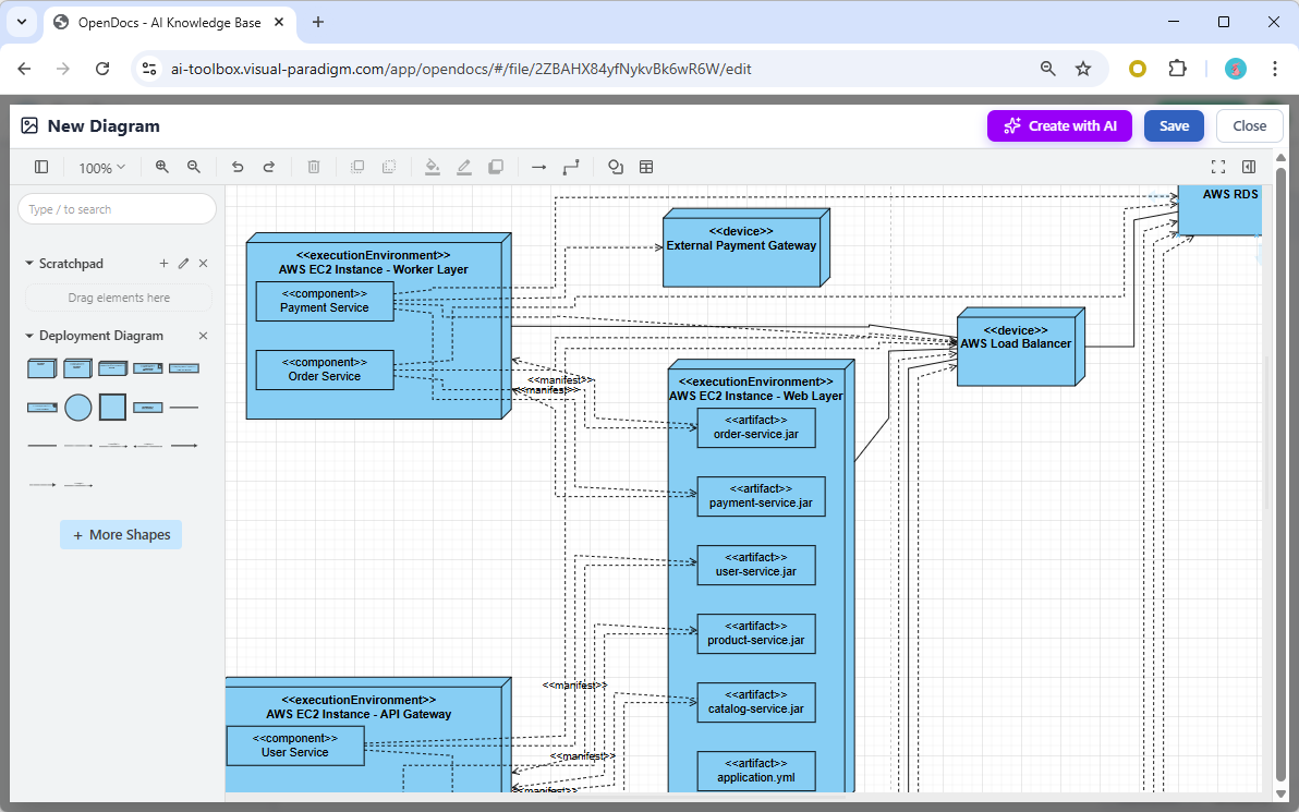 To edit a UML deployment diagram in OpenDocs's UML diagram editor
