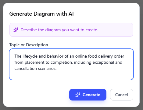 Describe your problem and click Generate to generate a State Machine Diagram. AI will analyze your problem and generate a good diagram for you.