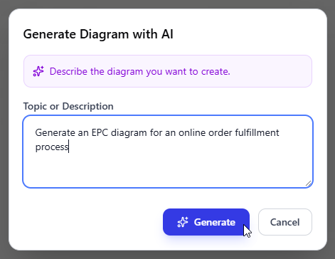 Describe your problem and click Generate to generate a EPC Diagram. AI will analyze your problem and generate a good diagram for you.