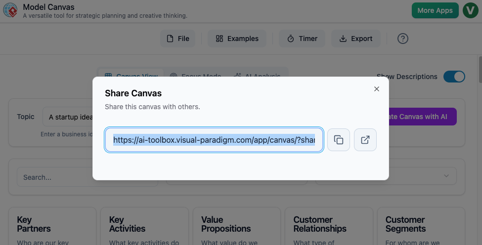 Udostępnij swoje strategie Model Canvas natychmiastowo za pomocą adresu URL – Visual Paradigm Online