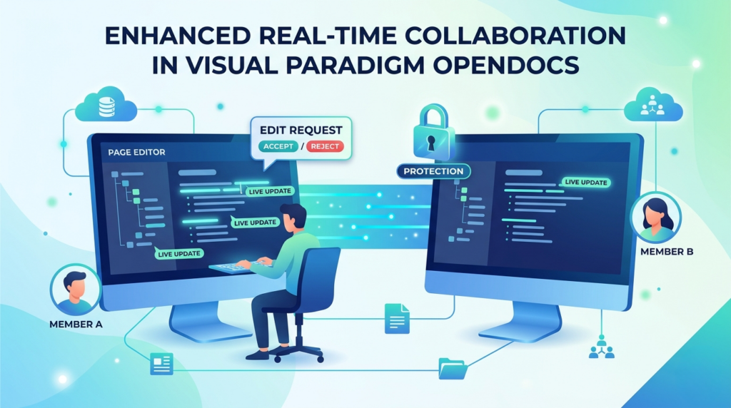 Współpraca w czasie rzeczywistym ponownie wyobrażona: wprowadzamy ulepszoną synchronizację zespołu w Visual Paradigm OpenDocs