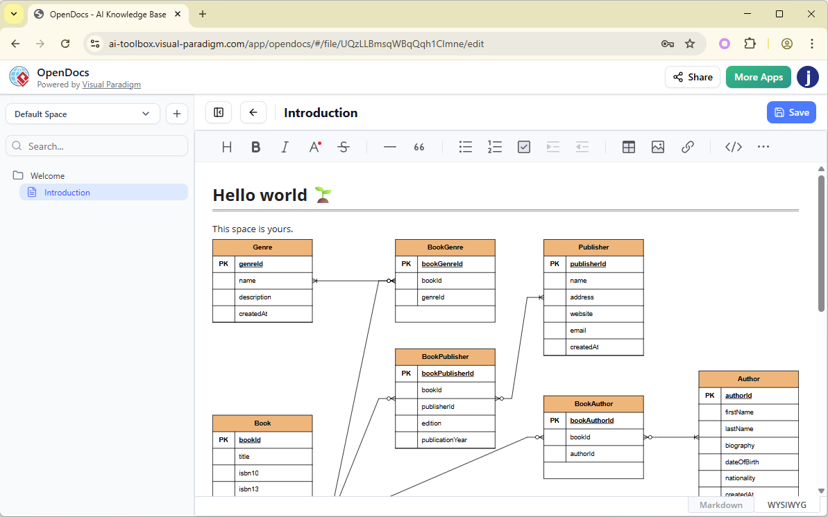 OpenDocs 中的 AI ERD 工具 | Visual Paradigm AI 驅動的知識管理