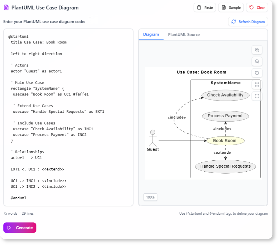 Base Use Case Diagram Analyzer - PlantUML Diagram Input