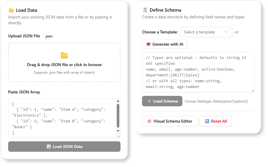 We can choose to input the JSON file, paste the JSON and also generate the schema with AI.