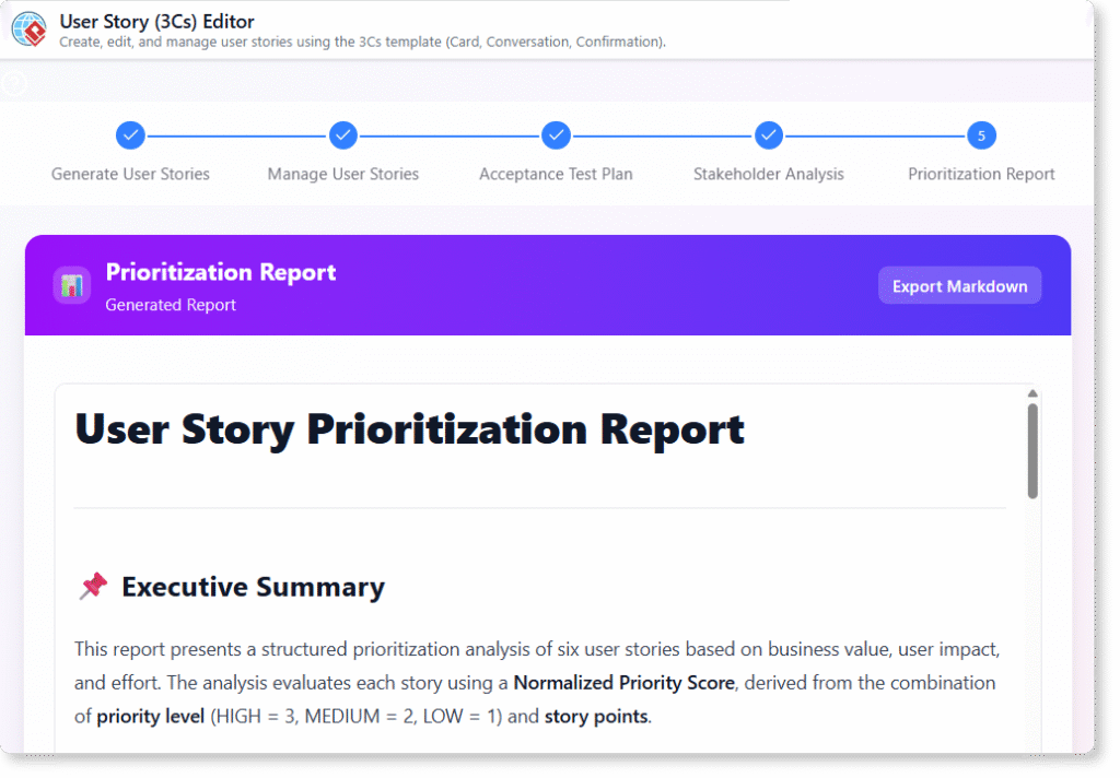 User Story Prioritization Report created with User Story (3Cs) Editor.