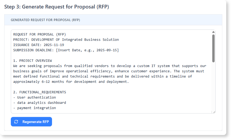 Generating detailed Request for Proposal (RFP) during the steps.