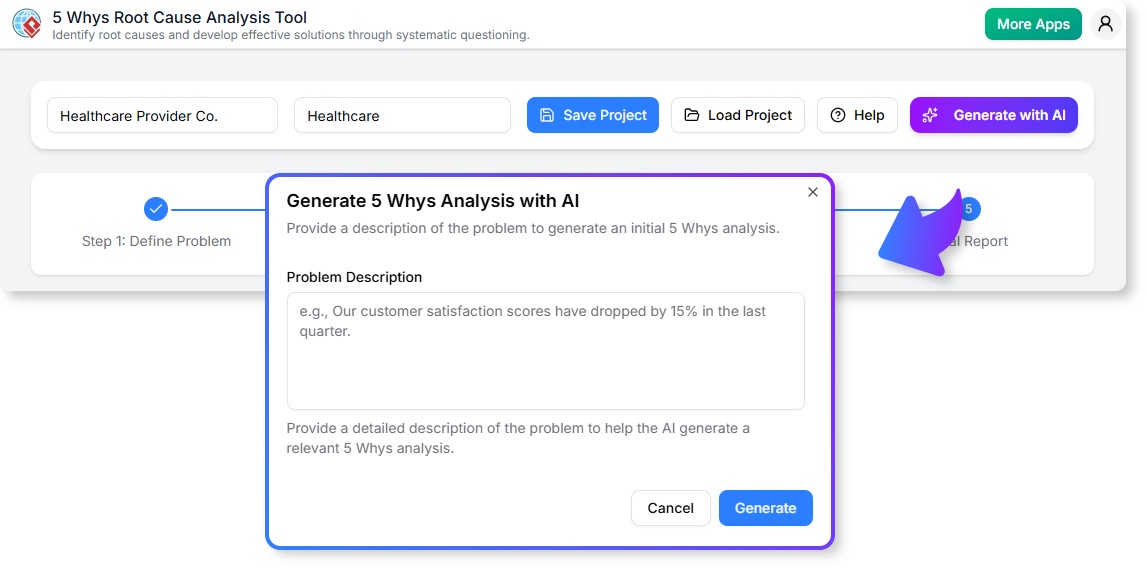 Using the AI to generate the 5 Whys Root Cause Analysis Tool.