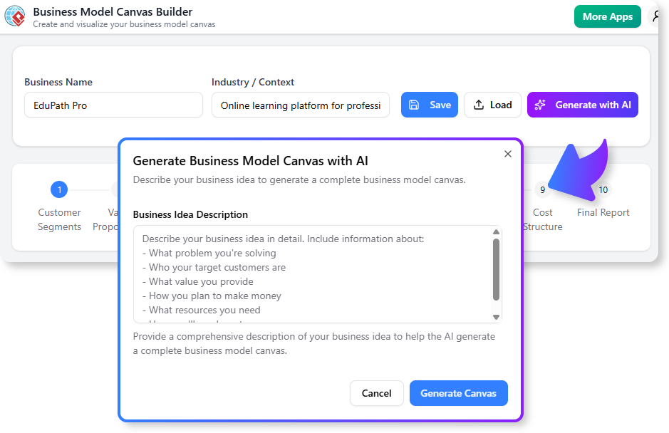 Using AI to start generating for the Business Model Canvas