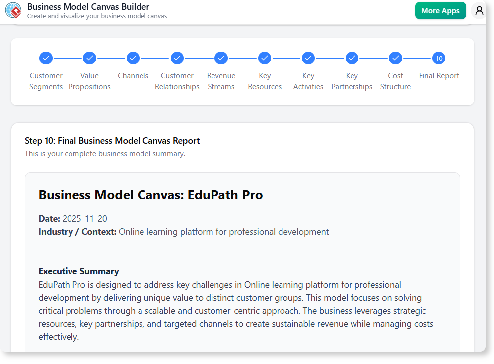 Gain the final report from the Business Model Canvas Builder