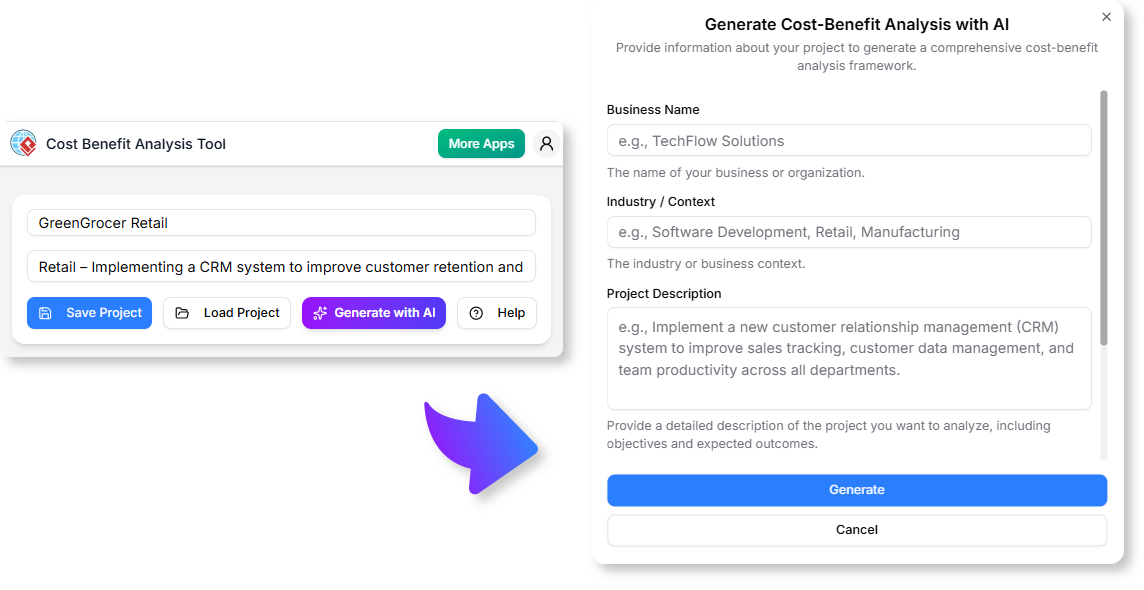 Using AI to generate report in Cost Benefit Analysis Tool.