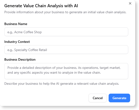 Generate the value chain analysis with the support of AI.