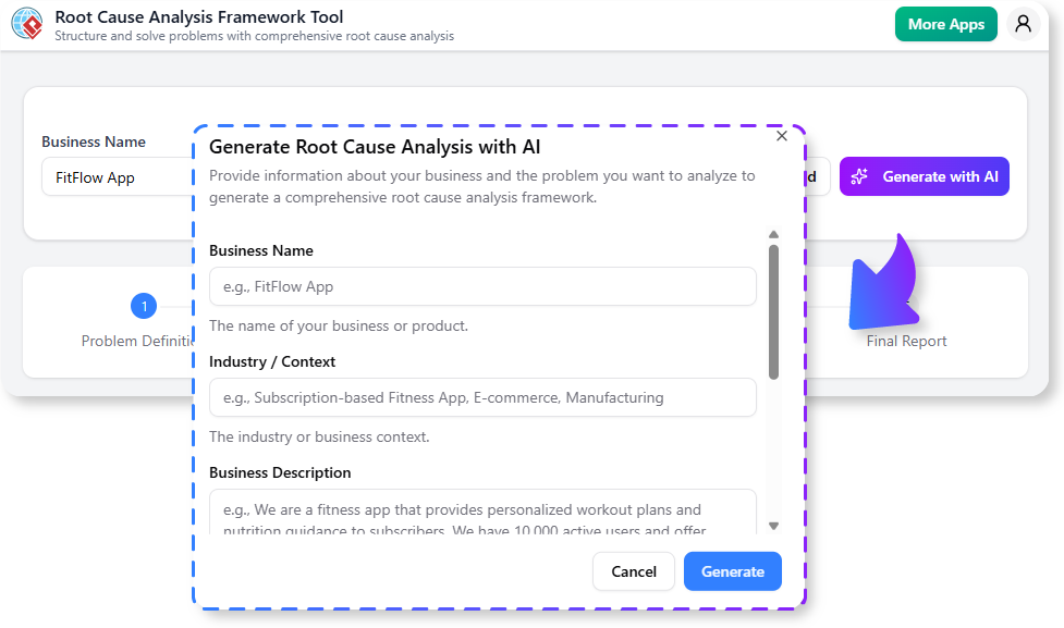 Generate the Root Cause Analysis Framework with the AI.