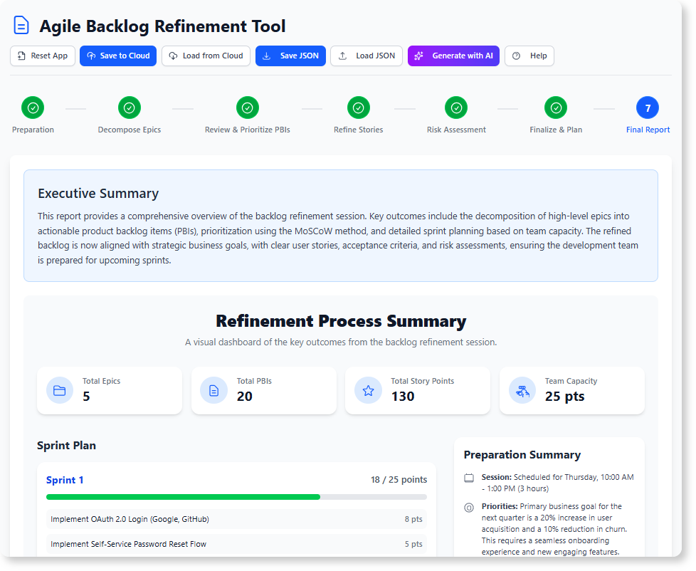 Get the summary step by step in the Agile Backlog Refinement Tool