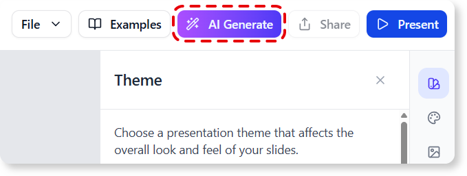 Press the AI Generation button to start generating the presentation from a prompt and some simple information.