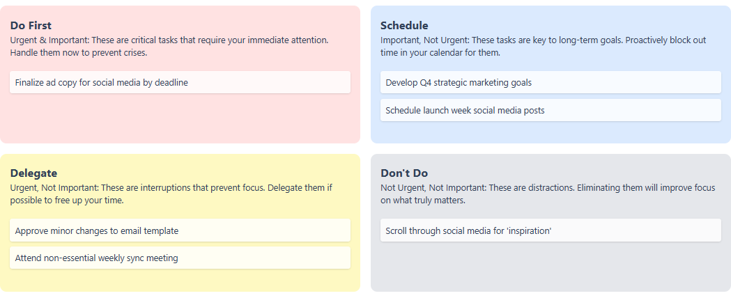 Review the tasks by the visual four-quadrant matrix