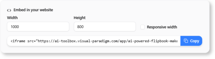 Size setting when embedding your AI generated flipbook into the website.