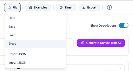 Head to File then scroll down to Share in Model Canvas Tool