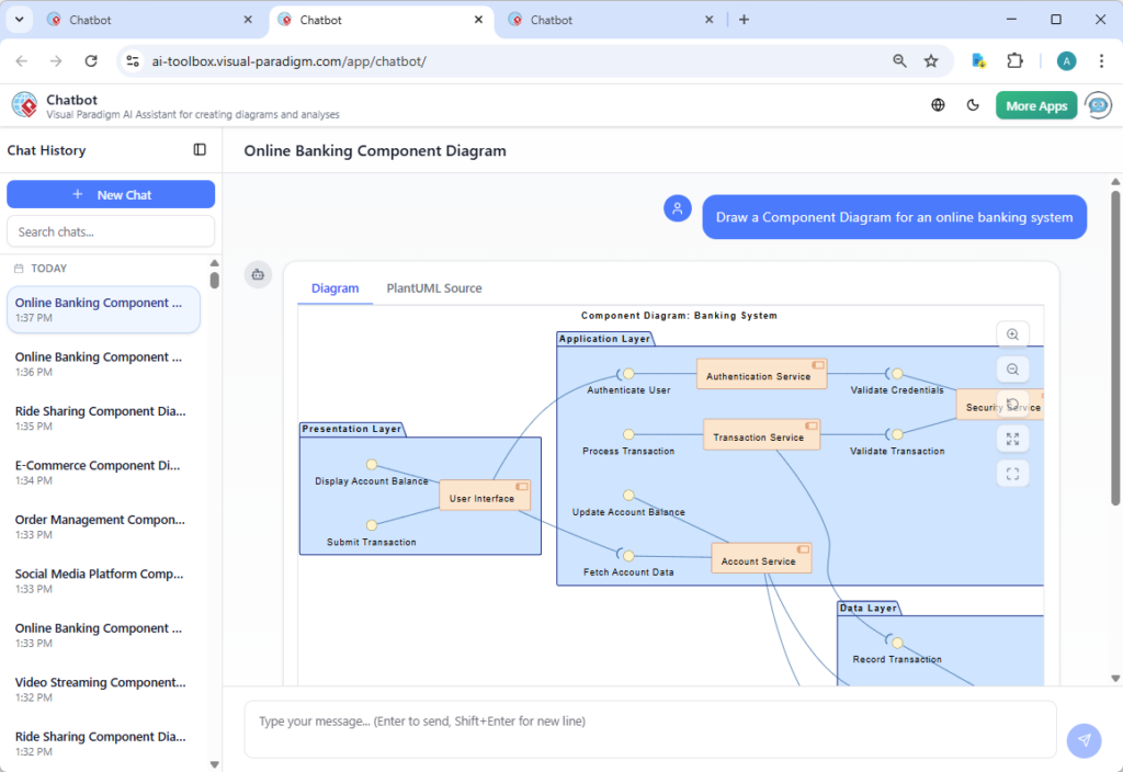 A screenshot of Visual Paradigm's AI Chatbot - Generating a UML Component Diagram for an online banking example