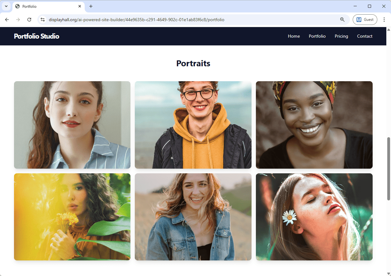 ai-powered-website-generator-example-site-screenshot-portraits Screenshot of the Portraits Page of a website generated by AI, using Visual Paradigm's AI Website Builder