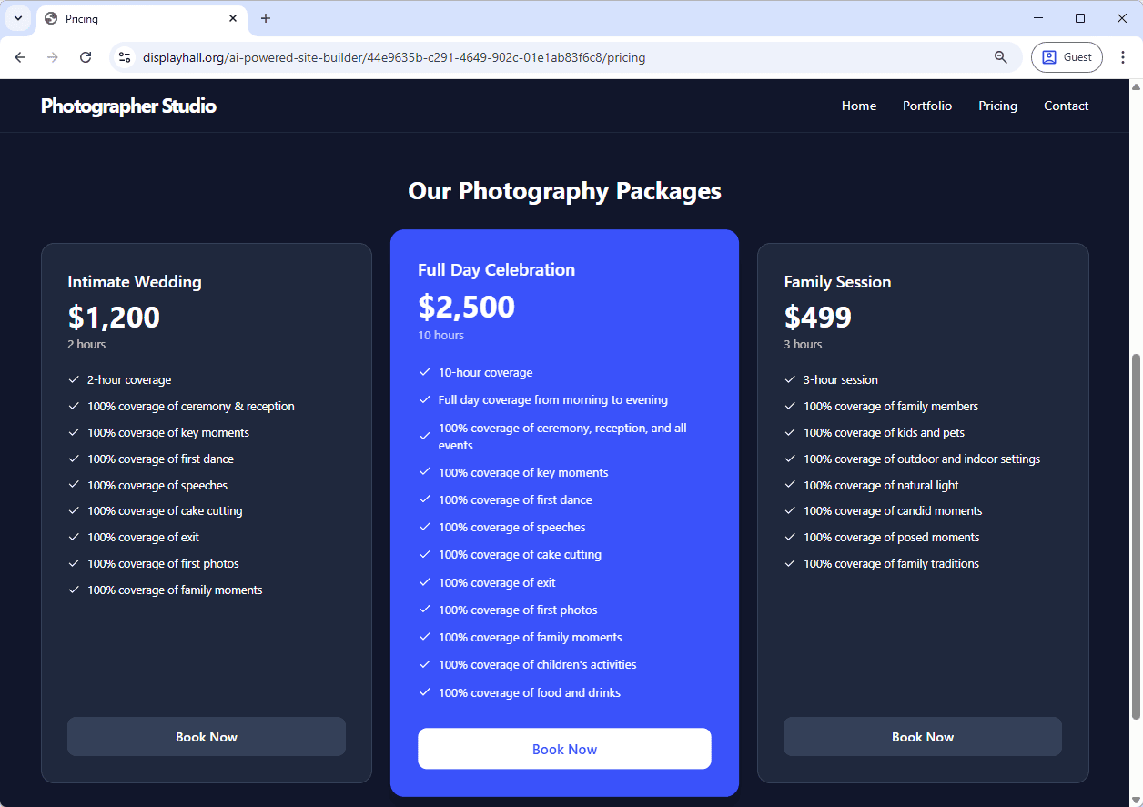 ai-powered-website-generator-example-site-screenshot-pricing-table Screenshot of the Pricing Page of a website generated by AI, using Visual Paradigm's AI Website Builder