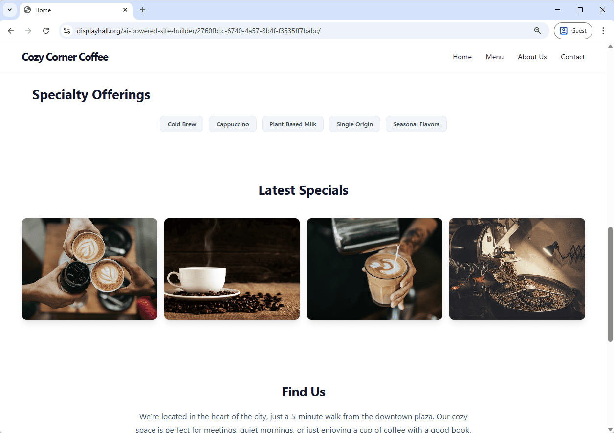 ai-website-generator-coffee-shop-example-screenshot-specialty-offerings Screenshot of the 'Latest Specials' Page of a Coffee Shop website generated by AI, using Visual Paradigm's AI-Powered Website Maker