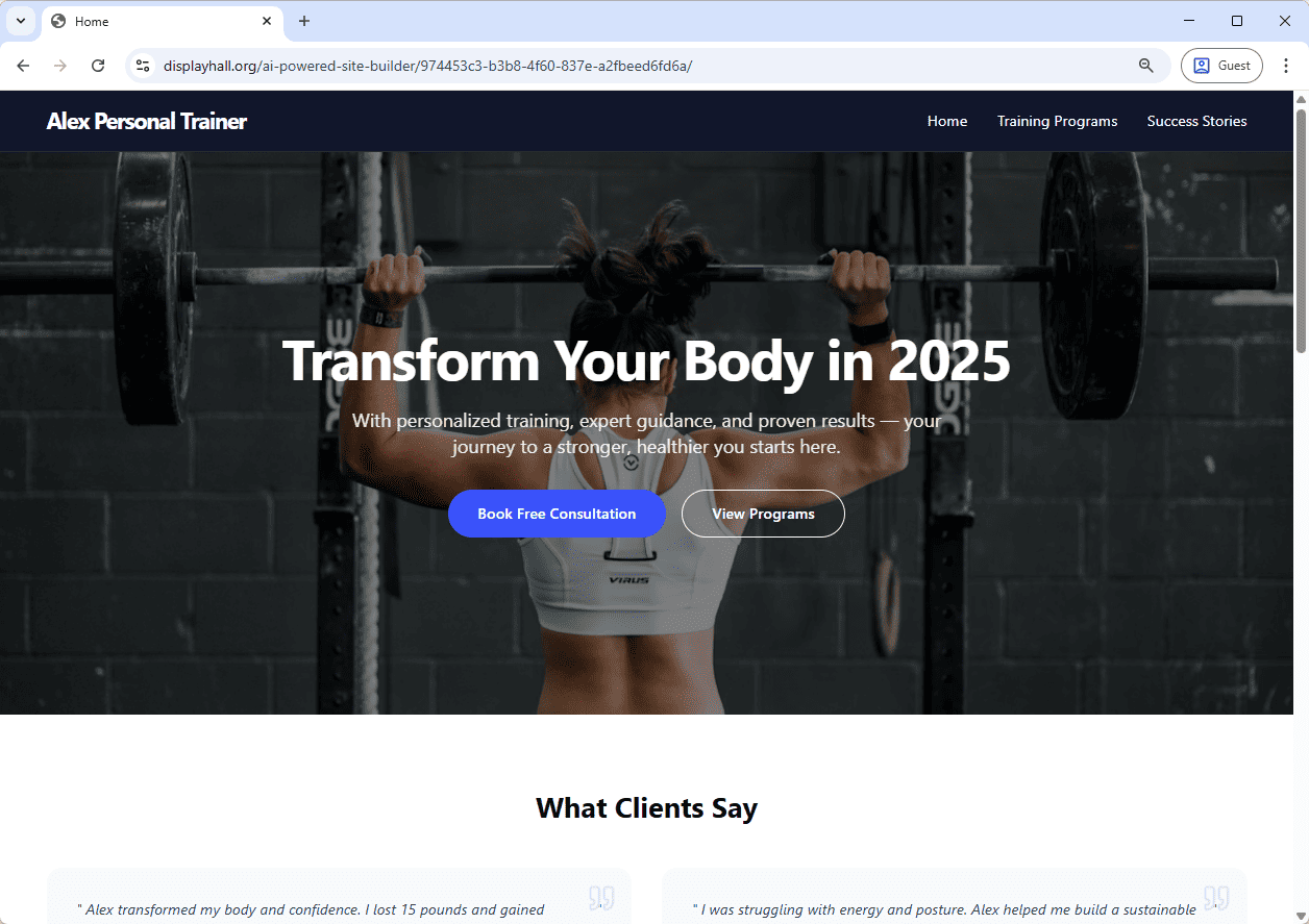 ai-website-generator-fitness-trainer-example-screenshot-home-page Screenshot of the Home Page of a Personal Fitness Trainer Portfolio website generated by AI, using Visual Paradigm's AI Website Builder