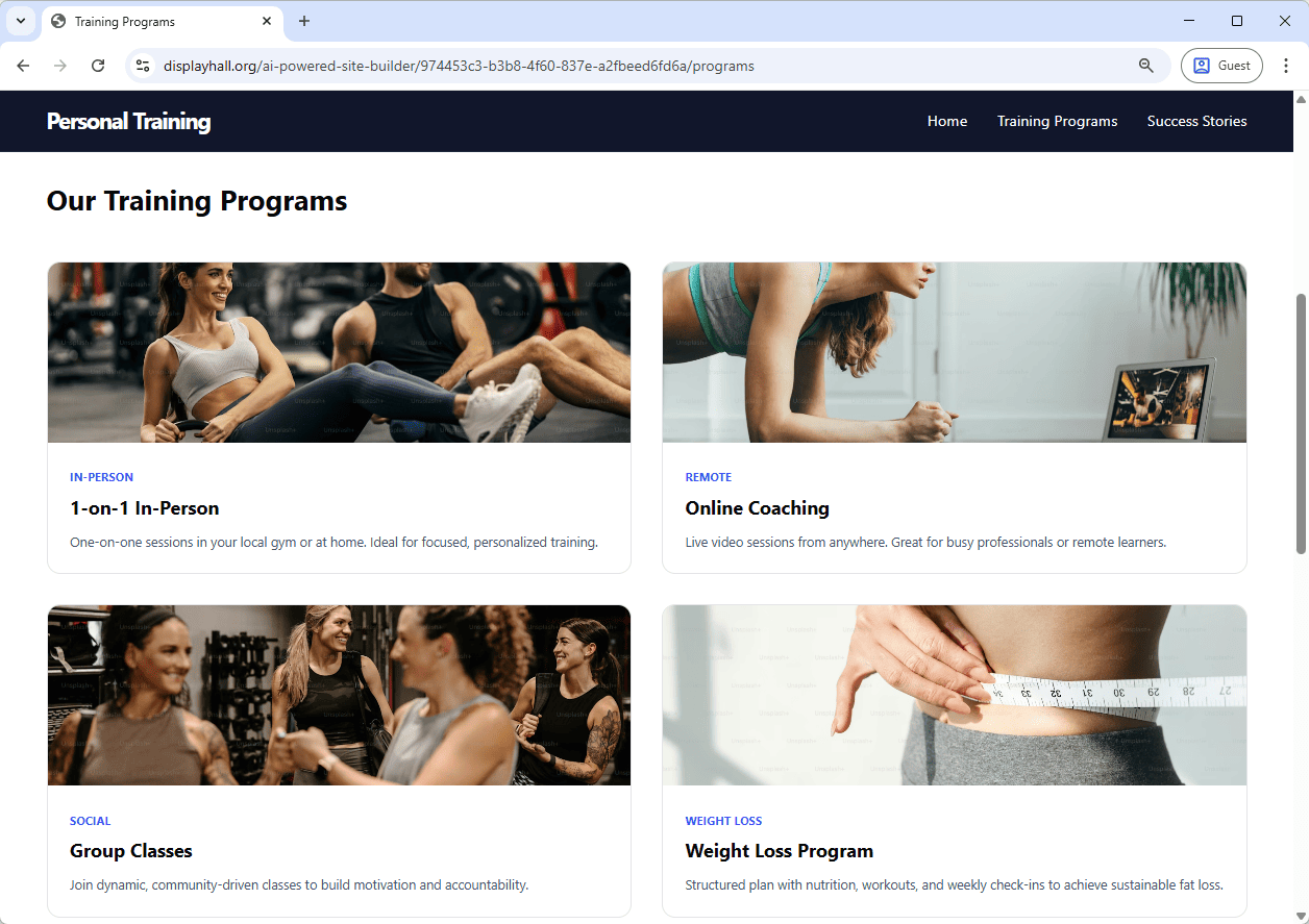 ai-website-generator-fitness-trainer-example-screenshot-training-programs Screenshot of the Training Programs Page of a Personal Fitness Trainer Portfolio website generated by AI, using Visual Paradigm's AI Website Builder