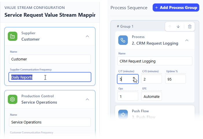 Editing customer communication frequency and process CT in Visual Paradigm's Value Stream Mapping editor