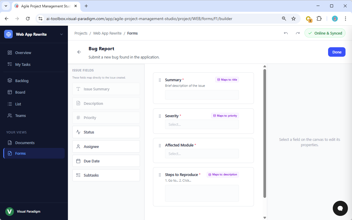 Visual Paradigm AI Powered Agile Project Management Studio - Forms View