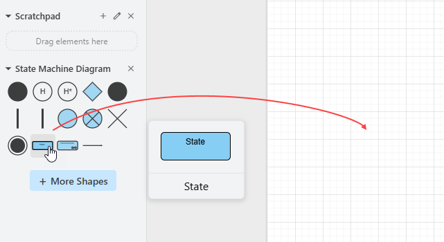 A palette of UML state machine diagram symbols (Drag and drop to create)