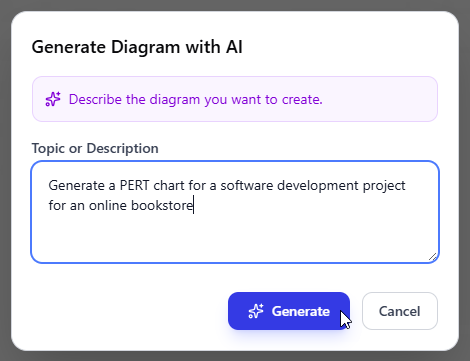 Describe your problem and click Generate to generate a PERT Chart. AI will analyze your problem and generate a good diagram for you.