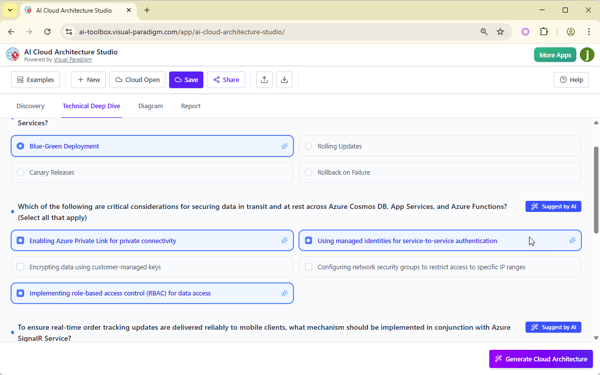 A screenshot of Visual Paradigm's AI Cloud Architecture Studio, showing the second step - Answering questions related to the architecture