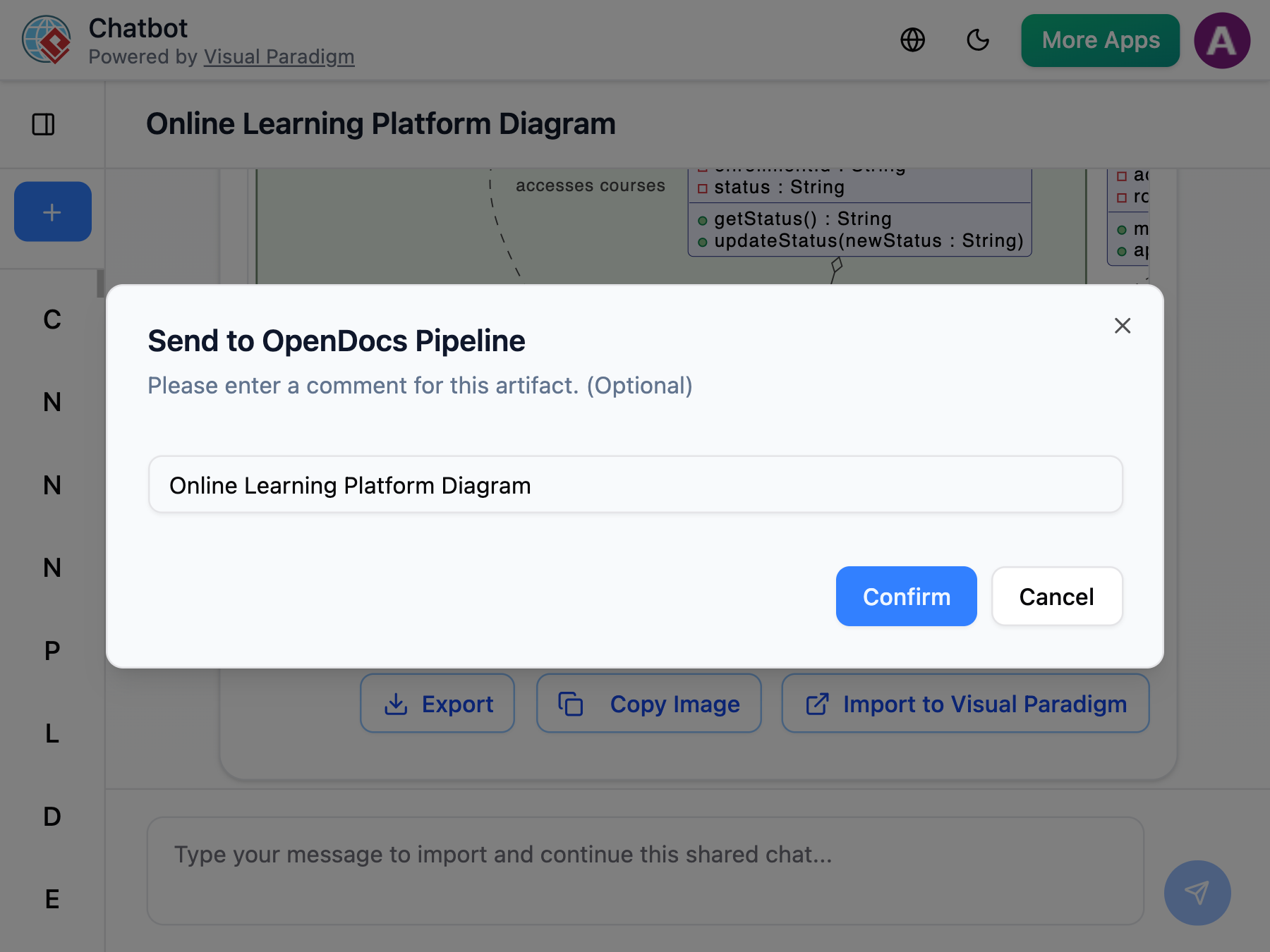 Send to OpenDocs Pipeline popup in Visual Paradigm AI Chatbot with optional name field.