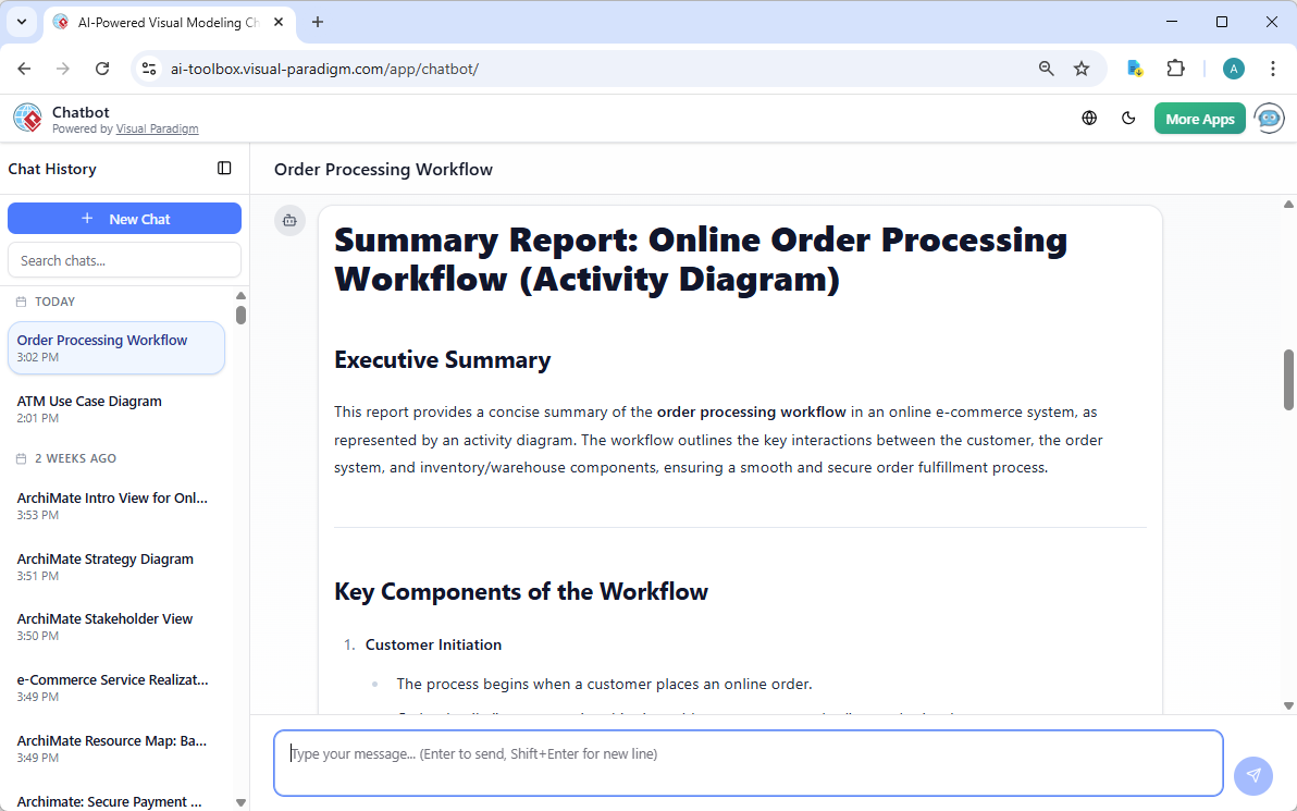 A summary report generated from the Activity Diagram generated by AI, through Visual Paradigm's AI Chatbot