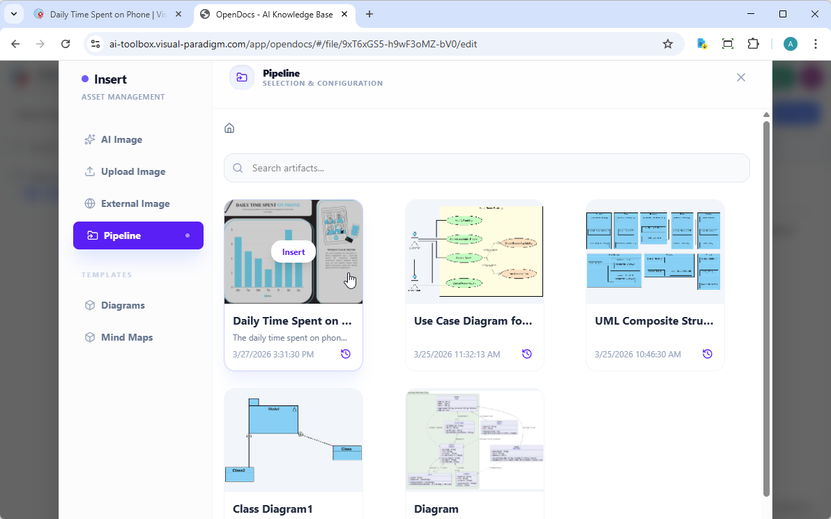 A screenshot of Visual Paradigm OpenDocs that shows the user selecting a diagram image from the Pipeline, through the Insert window
