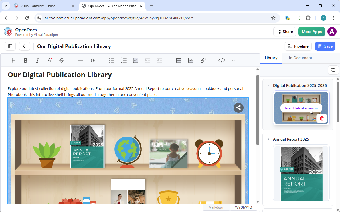 A screenshot of Visual Paradigm OpenDocs, showing a digital bookshelf is embedded into the page.