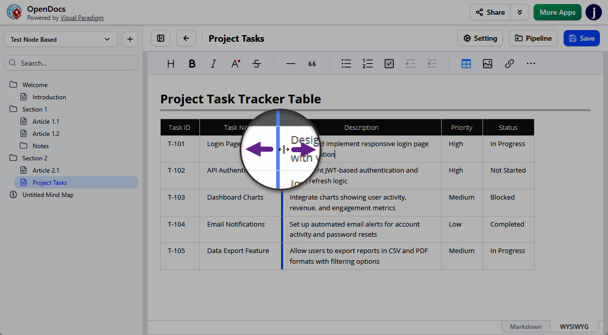 Resizing table columns in OpenDocs